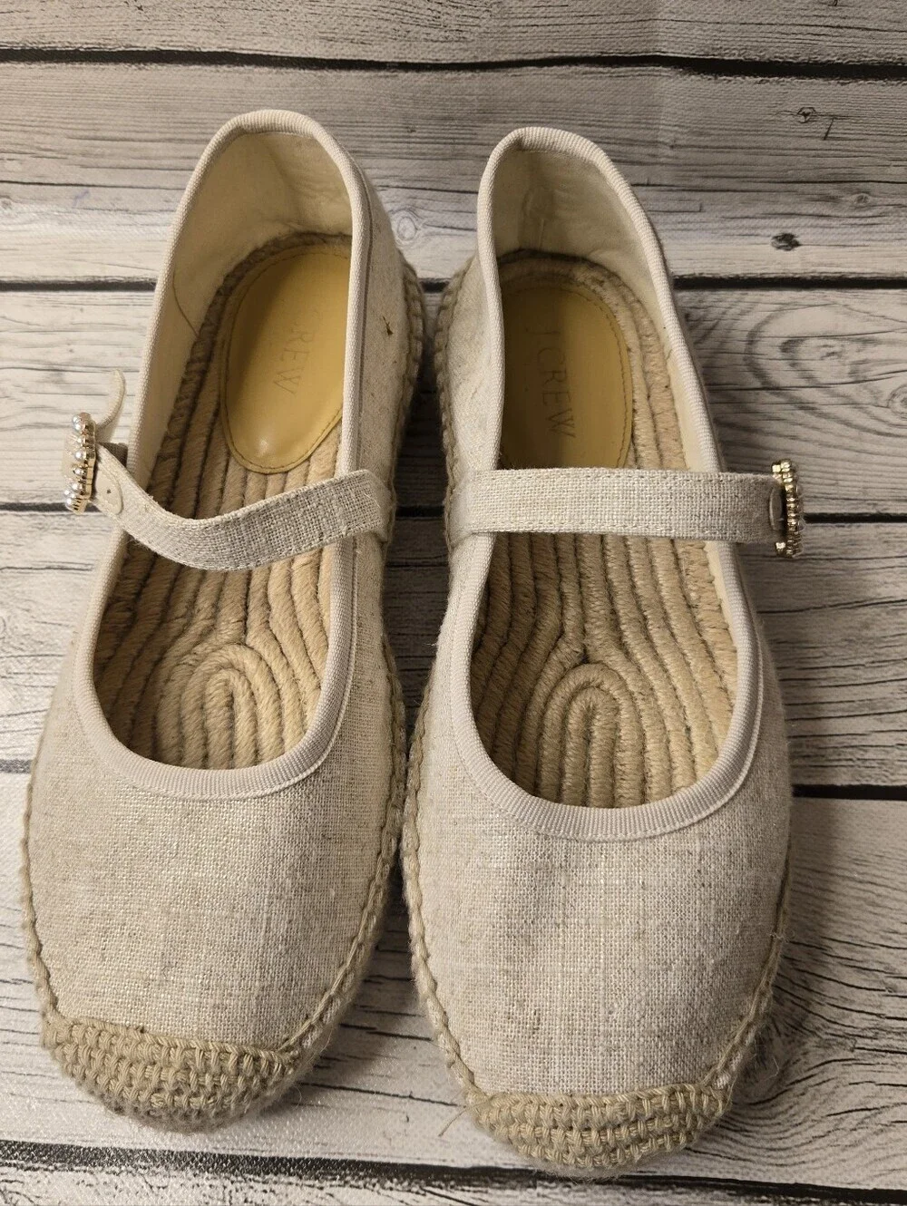 J. Crew Espadrille Mary Jane Flats 8 New Linen organic cork cotton garden